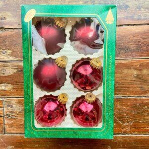 6 Vintage KREBS Christmas Glass Ball Ornaments Boxed Red Shiny Matte 2 1/2" USA